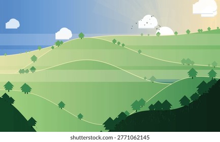 Stylized green rolling hills with abstract trees, clouds, and sun rays landscape pine trees