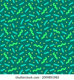 Stylized green seamless pattern with lines and dots. Abstract background in virid green colors. Beautiful modern print for textile, fabric, goods, packaging, design. Hand drawn vector illustration.