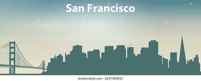 stylized green silhouette of San Francisco city skyline against the light sky