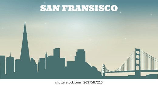 stylized green silhouette of San Francisco city skyline against the light sky