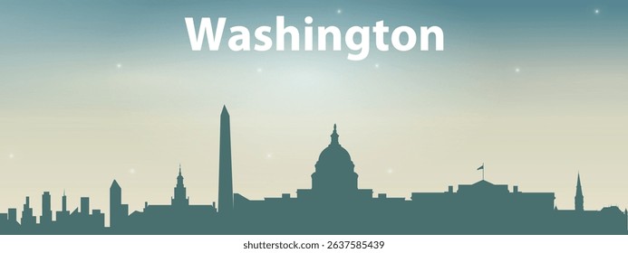stylized green silhouette of Washington city skyline against the light sky