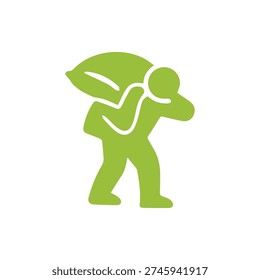 Stylized green silhouette of a worker shouldering a giant leaf. A symbol for eco-friendly practices, organic farming, and sustainable harvesting.