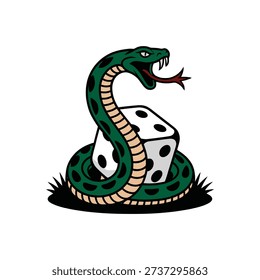 A stylized green snake with black spots is coiled around a white dice, representing chance and risk.