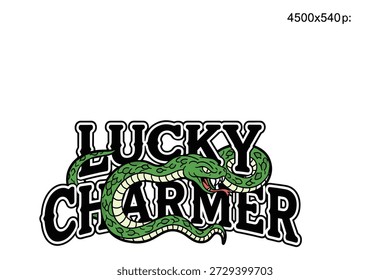 Stylized green snake with fangs and forked tongue, lettering lucky charmer.