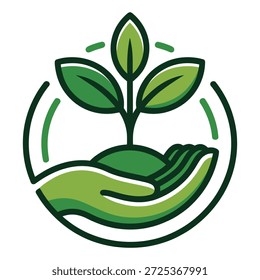 Um broto verde estilizado está crescendo a partir de um monte de terra segurado em uma mão aberta, fechado por um contorno verde circular. A imagem simboliza crescimento, natureza e cuidado.