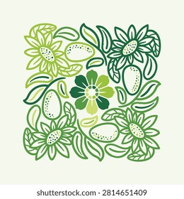 Stylized green sunflower and botanical leaf pattern with decorative organic elements