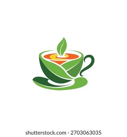 Logotipo estilizado de la taza de té verde con el motivo natural de la hoja y la bebida herbaria caliente.