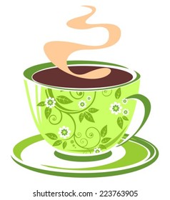 Stylized green tea cup on a white background.