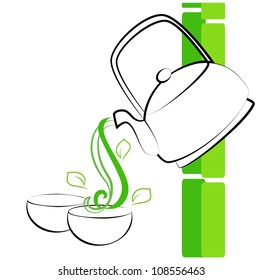 Stylized green tea teapot and cups outline vector