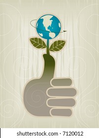 Stylized Green Thumb/Globe/Thumbs Up Concept Icon; Easy-edit layered file.