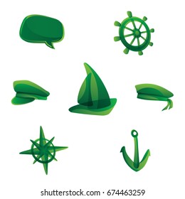 Stylized green transparent vector icons set sea theme navigation