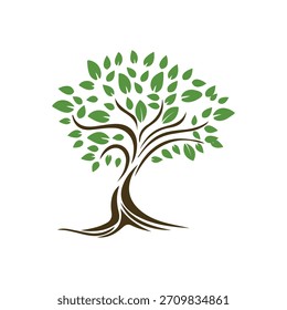 Árbol verde estilizado con tronco marrón y ramas sobre un fondo blanco, que simboliza el crecimiento y la naturaleza.