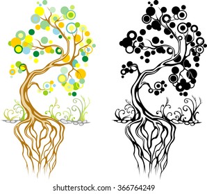 stylized green tree in color and black and white