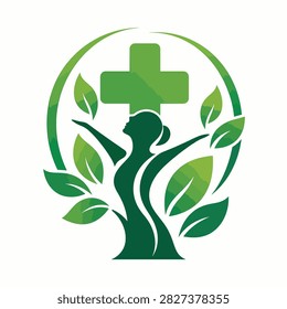Stylized green tree with cross and leaves forming a life symbol