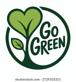 Uma árvore verde estilizada com um dossel em forma de coração, simbolizando o amor pela natureza e pelo meio ambiente. As palavras "Go Green" (Seja Verde) são exibidas de forma proeminente dentro de uma fronteira circular, promovendo a consciência ecológica e a sustentabilidade.