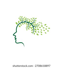 A stylized green tree with leaves growing from the outline of a human head, symbolizing growth and nature.