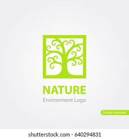 Plantilla de logotipo de árbol verde estilizado. Árbol grueso abstracto en una silueta de marco. Se puede utilizar como elemento ecológico, ambiental, de jardinería o de diseño de bienestar. Ilustración del vector