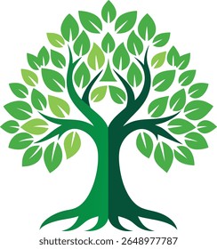 Árvore verde estilizada com raízes e folhas em vários tons de verde representando o crescimento e a natureza isolada em fundo transparente