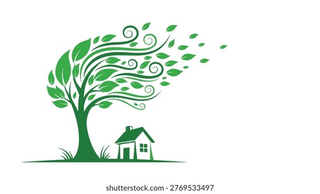 Stylized green tree with swirling leaves blows strongly in the wind next to a small house on a grassy landscape.