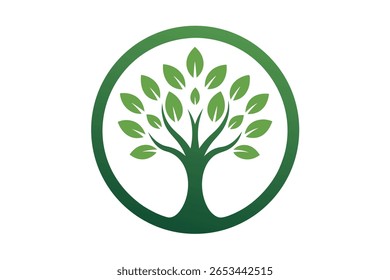 Uma árvore verde estilizada com folhas vibrantes é fechada dentro de uma borda circular verde-escura, representando o crescimento, a natureza e a vida.