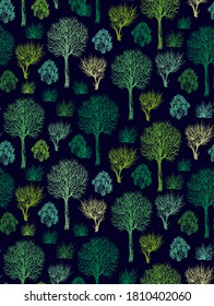 Stylized  green trees, night forest -seamless vector pattern, on  dark  background