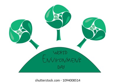 Stylized green trees on the planet. The inscription "world environment day". Vector illustration.