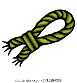 Stilisierte grüne verdrillte Seil Vektorgrafik mit einem Knoten und ausgefransten Enden.