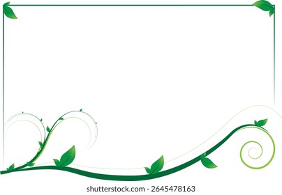 A stylized green vine with leaves forms a decorative border, featuring graceful swirls and a clean design.