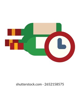 Stylized Green Wine Bottles with Red and Gold Caps and Clock Ico