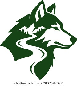 Stylized green wolf silhouette with mountains and river, ideal for outdoor adventure themes