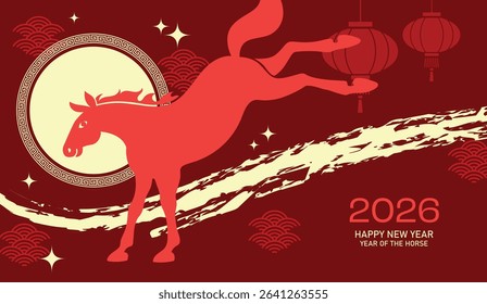 Stylized greeting card for chinese new year 2026. Lunar new year 2026 banner vector with zodiac horse on asian style background. Hanging lanterns decorations.