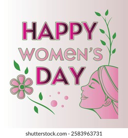 Stylized greeting card design, Happy Women's Day text, pink and green color scheme, floral motif, feminine silhouette profile, minimalist illustration, textured background.