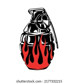 stylische Granate, auf der Feuer gezeichnet wird.Vektorgrafik auf weißem Hintergrund.Modernes Typografie-Design perfekt für T-Shirt, Poster, Banner, Flyer, Karte, Web-Design, soziale Medien und verschiedene Verwendungszwecke