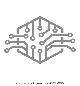 Un patrón de placa de circuito gris estilizado que forma una forma hexagonal con líneas y nodos interconectados.