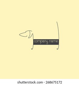 Stylized grey colored dachshund silhouette with tail up and lettering company name on body isolated on beige background. Logo template with space for company name on the dog`s body. Design element