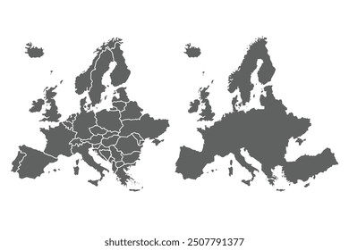 Stylized grey Europe map with clear outlines and a simple, refined appearance.