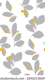 stylisiertes graues Blatt gelbes Beerenmuster, weißer Hintergrund
