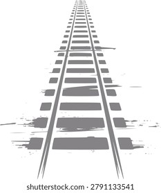 A stylized, grey train track is depicted from a low-angle perspective, with the rails and ties converging towards a vanishing point in the distance against a white background.
