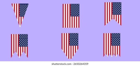 Stylized Grid of Six U.S. Flags on Pale Purple Background, Featuring Red and White Stripes with White Dot Stars in Triangular, Rectangular, and Scalloped Banner Shapes for a Creative Americana Look