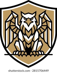 Stylized griffin emblem with geometric design, showcasing strength and vigilance on a shield