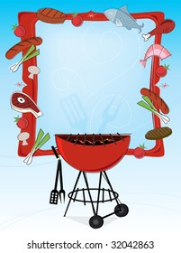 Stylized grilled food icons and bbq grill with frame and copyspace. Layered file for easy edit.