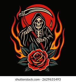 Stylized grim reaper graphic stands with rose and fire surrounding against dark backdrop Great for edgy designs and alternative fashion themes.