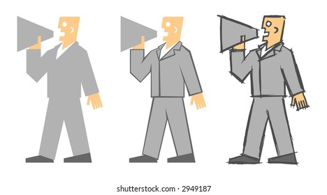 Stylized grotesque figures of a politician yelling into the megaphone