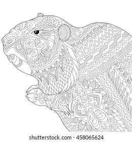 Stylized groundhog (gopher, marmot, woodchuck or beaver), isolated on white background.
Freehand sketch for adult anti stress coloring book page with doodle and zentangle elements.