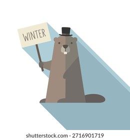 Una marmota estilizada con un sombrero de copa sostiene un cartel que dice "INVIERNO", proyectando una larga sombra.