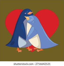 Stylized Group Of Penguins Embracing Their Egg Against Lively Heart Backdrop For Various Themes