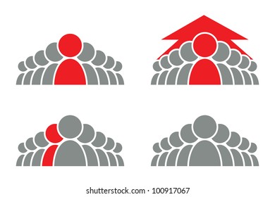 Stylized group of people and arrow. Vector icon.