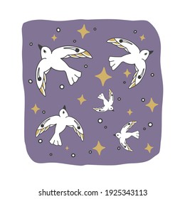 Stylized group of white birds with stars on night purple sky background pattern. Flat style vector illustration.
