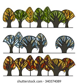 The stylized groups of trees in style a stained-glass window in different a time of the year.
Vector illustration.