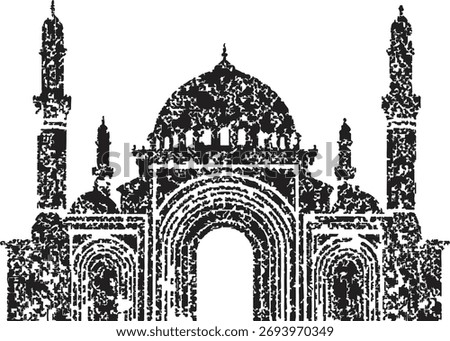 A stylized, grunge-textured illustration of a mosque, featuring a prominent dome and two tall minarets, rendered in a dark, distressed style on a clean white background.